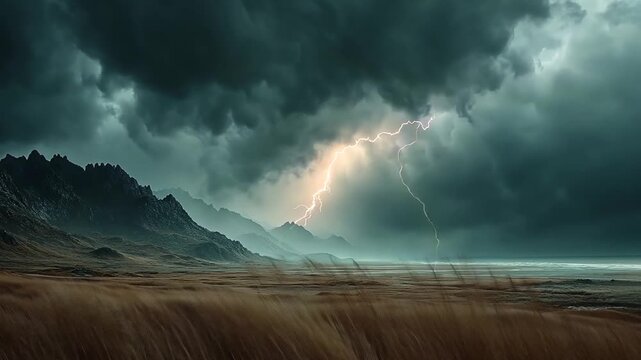Dramatic Lightning Storm Over Mountain Range.
