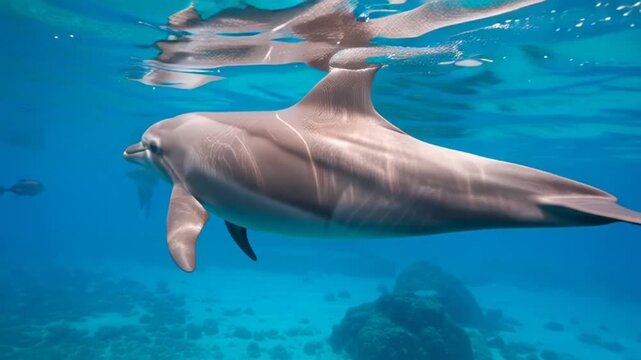 Close up underwater shot of a dolphin swimming in clear blue ocean water.