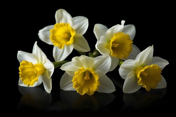 Fototapeta premium Narcissus Beauties. Five Narcissus flowers on a black background.