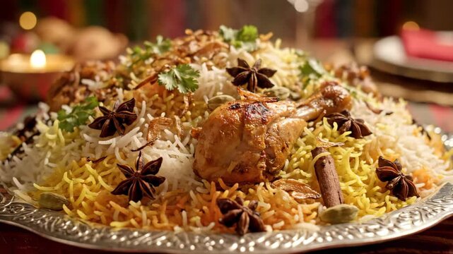 Delicious Chicken Biryani Dish with Spices and Herbs on a Decorative Plate.