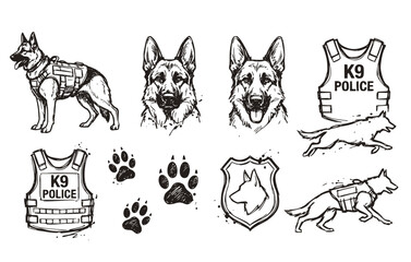 Fototapeta premium Police K9 German Shepherd Dog Bulletproof Vest Illustration Set 8 Chaotic Ink Sketch Law Enforcement-Tactical Gear Canine Vector Set