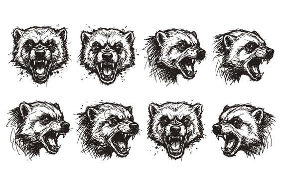 Wolverine Mascot Head Growling Vector Cartoon Set 8 Chaotic Ink Sketch Fierce Animal-Aggressive Mascot Design Vector Set