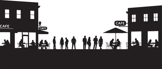 Obraz premium Silhouetted street scene with cafe people and building facades