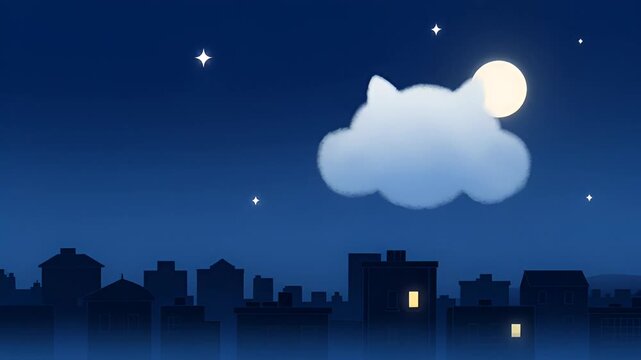 Peaceful cartoon cityscape silhouette with stars and a catshaped cloud
