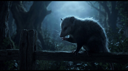 Obraz premium Nighttime wildlife photography of Virginia opossum, perfect for nature documentaries, wildlife conservation articles, or editorial content focused on nocturnal North American fauna
