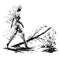 Fototapeta premium Black silhouettes of a man and woman stand framed by a grunge nature design featuring ink splatter textures and floral branch elements on a stained vector art background