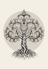 Elegant Ornamental Tree with Swirling Roots &ndash; Vintage Floral Line Art Illustration