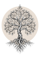 Elegant Ornamental Tree with Swirling Roots &ndash; Vintage Floral Line Art Illustration