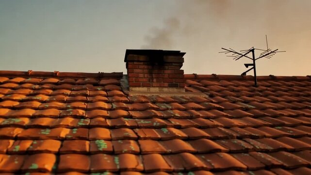 Roof with chimney and antenna.
