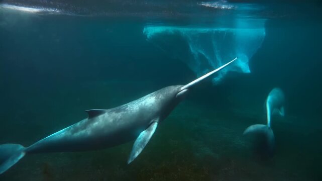 Narwhals swimming underwater near iceberg in arctic ocean habitat peaceful wildlife nature marine mammal footage