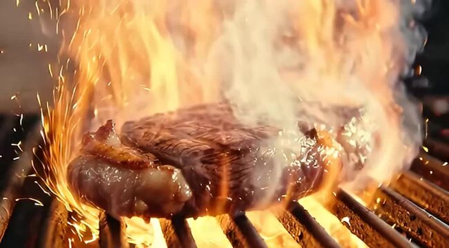 Juicy steak searing on a hot grill with flames and smoke filling frame