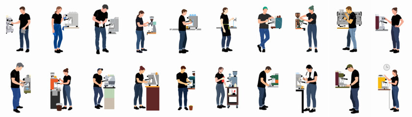 Obraz premium Diverse Baristas Crafting Coffee and Maintaining Espresso Machines: A Collection of Coffee Shop Professionals at Work.
