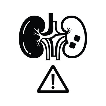 Vector illustration icon black and white illustration of kidneys with warning sign indicating kidney problems or disease