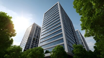 Fototapeta premium Modern glass office towers emerge from lush green trees under a bright sunlit sky