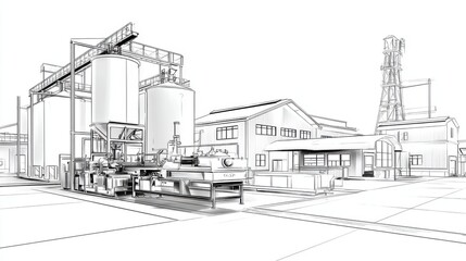 Industrial manufacturing facility sketch in black and white style