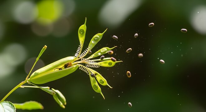 Macro Shot of a Green Seed Pod Bursting Open and Dispersing Seeds into the Air, Explosive Dehiscence in Nature, Jewelweed Impatiens Capensis Seed Dispersal Action