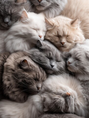 重なり合って眠るモフモフした猫たちのクローズアップ・癒やし素材