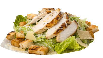 Caesar salad with grilled chicken, croutons, and parmesan cut out on PNG, isolated on transparent background, healthy meal concept. AI generated.