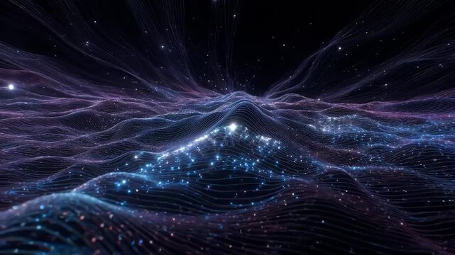 Abstract digital landscape with glowing particles and undulating light strings effect