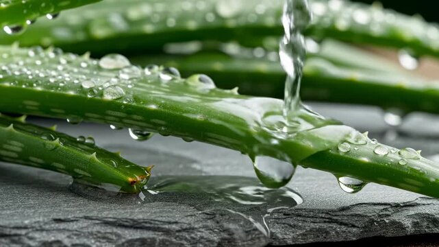 Aloe Vera Plant with Water Drops on Slate Surface.