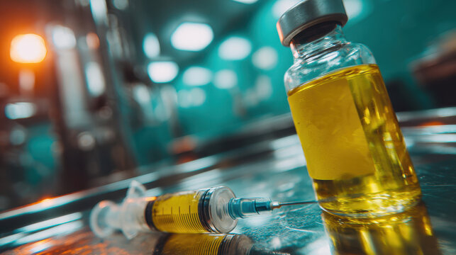 Close up medical syringe and vaccine vial with yellow solution on stainless steel tray in clinical laboratory setting for pandemic vaccine advertising and public health campaign banner