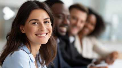 Obraz premium Young woman with dark hair smiling during business meeting, colleagues happy laughing workplace joy, professional gathering happiness, corporate celebration moment, with copy space