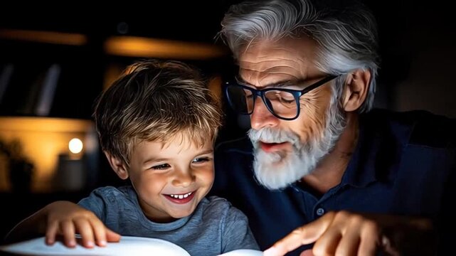 Loving grandfather reading bedtime story to little boy