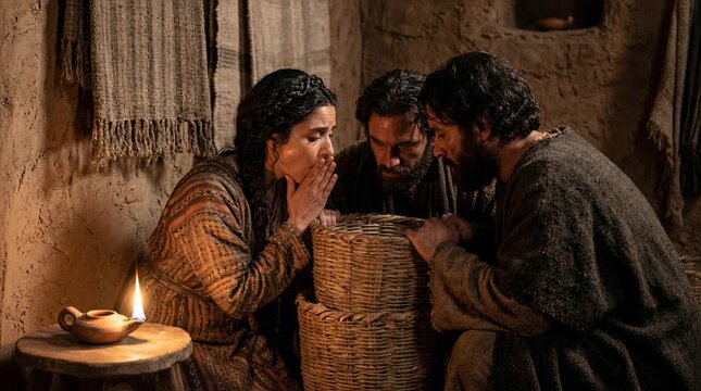 Rahab Hiding Two Israelite Spies on the Rooftop Under Flax from Soldiers