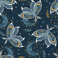 Elegant celestial seamless pattern with moths. Boho magic background with space elements stars, butterflies. Vector doodle texture.