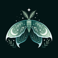 Magic vector illustration of moon moth in green colors. For print for T-shirts and bags, decor element. Mystical and magical, astrology illustration