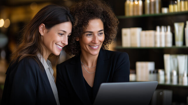 Two women discussing business in beauty salon, professional cosmetics consultation, salon industry conversation, beauty commerce interaction, with copy space