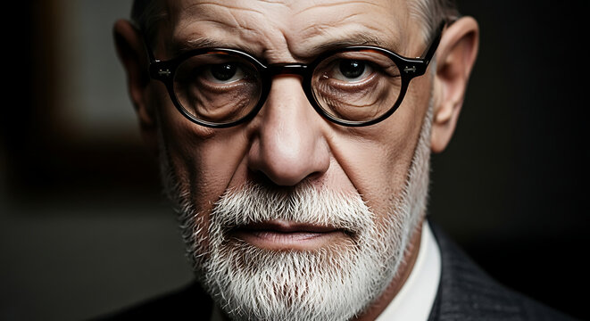 Freud with piercing eyes symbolizing the unconscious mind, hyper-realistic