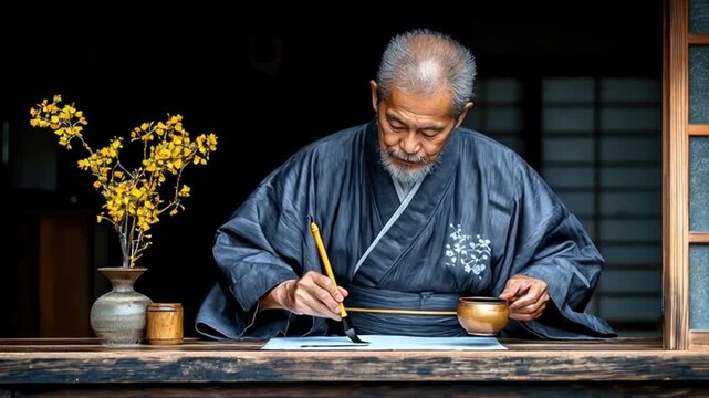 Elderly man practicing calligraphy in traditional Japanese setting