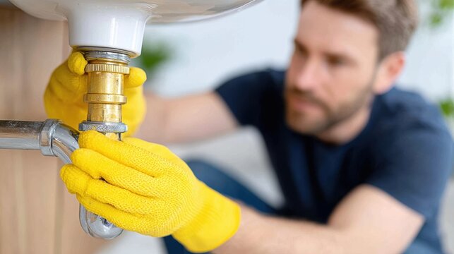 Plumber replacing corroded brass sink fitting under bathroom basin with yellow gloves for sink leak repair and corroded fitting replacement advertising banner for local plumbing services