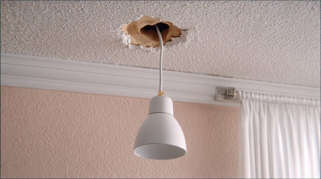 Ceiling hole with exposed wiring and hanging light fixture showing water damage risk for home safety announcement and electrical inspection marketing banner for repair services