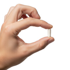 Hand holding single white pill isolated on transparent background