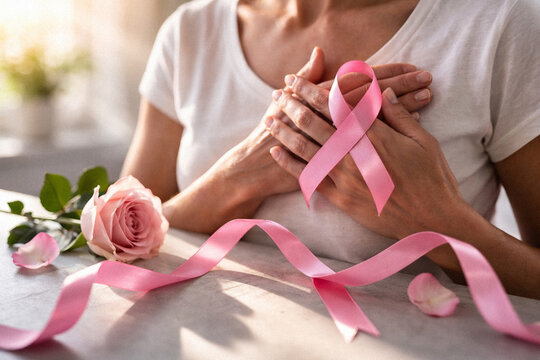 Woman holding pink ribbon over chest with rose on table. Concept of breast cancer awareness, support, prevention, early detection and hope.