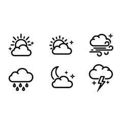 Obraz premium Modern outline weather icons representing sunny cloudy rainy and stormy conditions with lightning moon and wind symbols for meteorological forecasting apps and climate monitoring report designs.