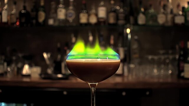 Dramatic shot of a cocktail ablaze with green flames in a dimly lit bar