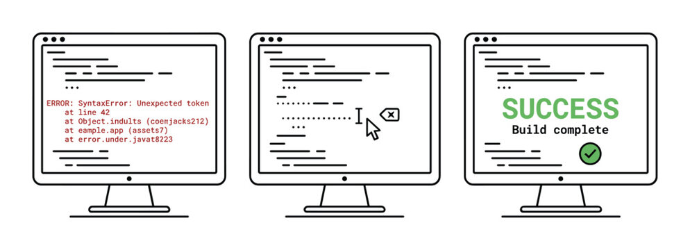 Code compiling process showing error and success on monitors