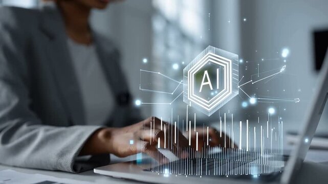 A professional working on a laptop, with digital AI graphics overlay. The image represents innovation, coding, and the future of technology in a modern workspace.