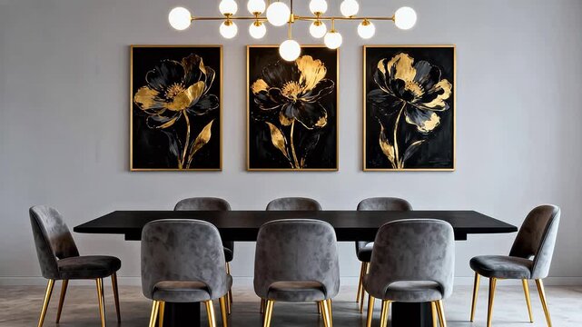 Modern dining room with floral art