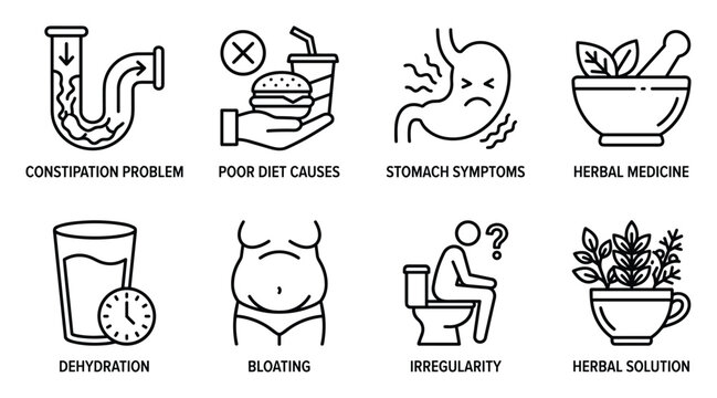 Set of constipation icons with digestive system problems and herbal medicine solutions on white background