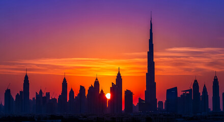 Obraz premium Skyline silhouette against sunset with purple and orange hues, revealing building shapes. It represents city life, travel, and urban landscape.