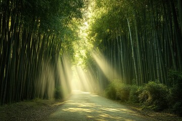 Obraz premium Light filters through bamboo trees on a serene forest path during the early morning
