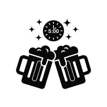 Vector illustration icon black beer mugs cheering with clock showing five o clock surrounded by stars