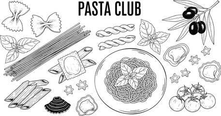 Pasta Club hand drawn vector set. Spaghetti, ravioli and olive sketch illustration. Vintage Italian food collection for restaurant menu and packaging design. © IVY QUEEN