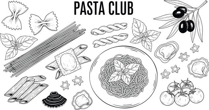 Pasta Club hand drawn vector set. Spaghetti, ravioli and olive sketch illustration. Vintage Italian food collection for restaurant menu and packaging design.