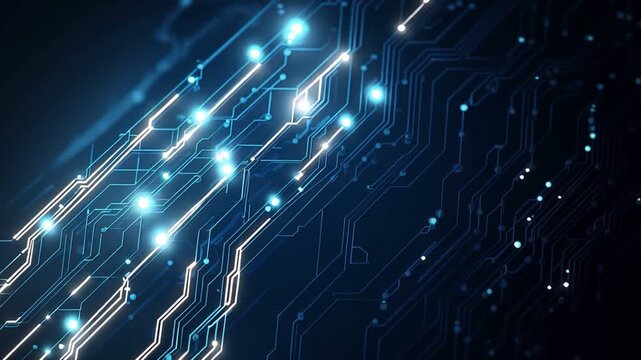 A dynamic representation of digital technology with glowing circuit patterns and bright blue lights, symbolizing innovation and advanced electronics in a modern world.