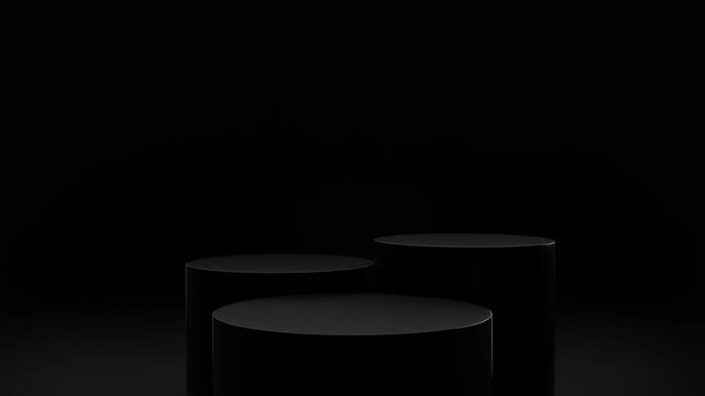Dark black podium for product show case, for cosmetic product display stand with minimalist black background and soft lighting and shadows, modern architectural backdrop, 3d rendering
